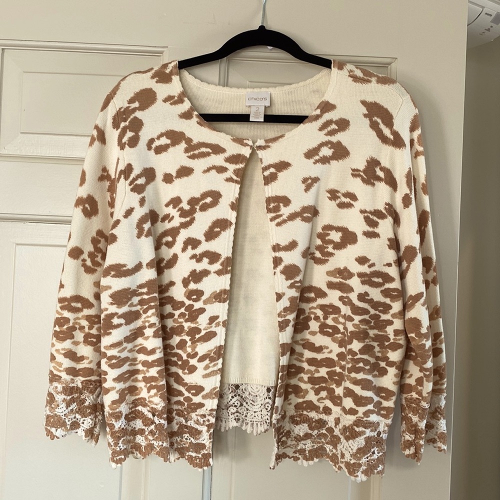 Chico’s size 2 cream and tan animal print cardigan